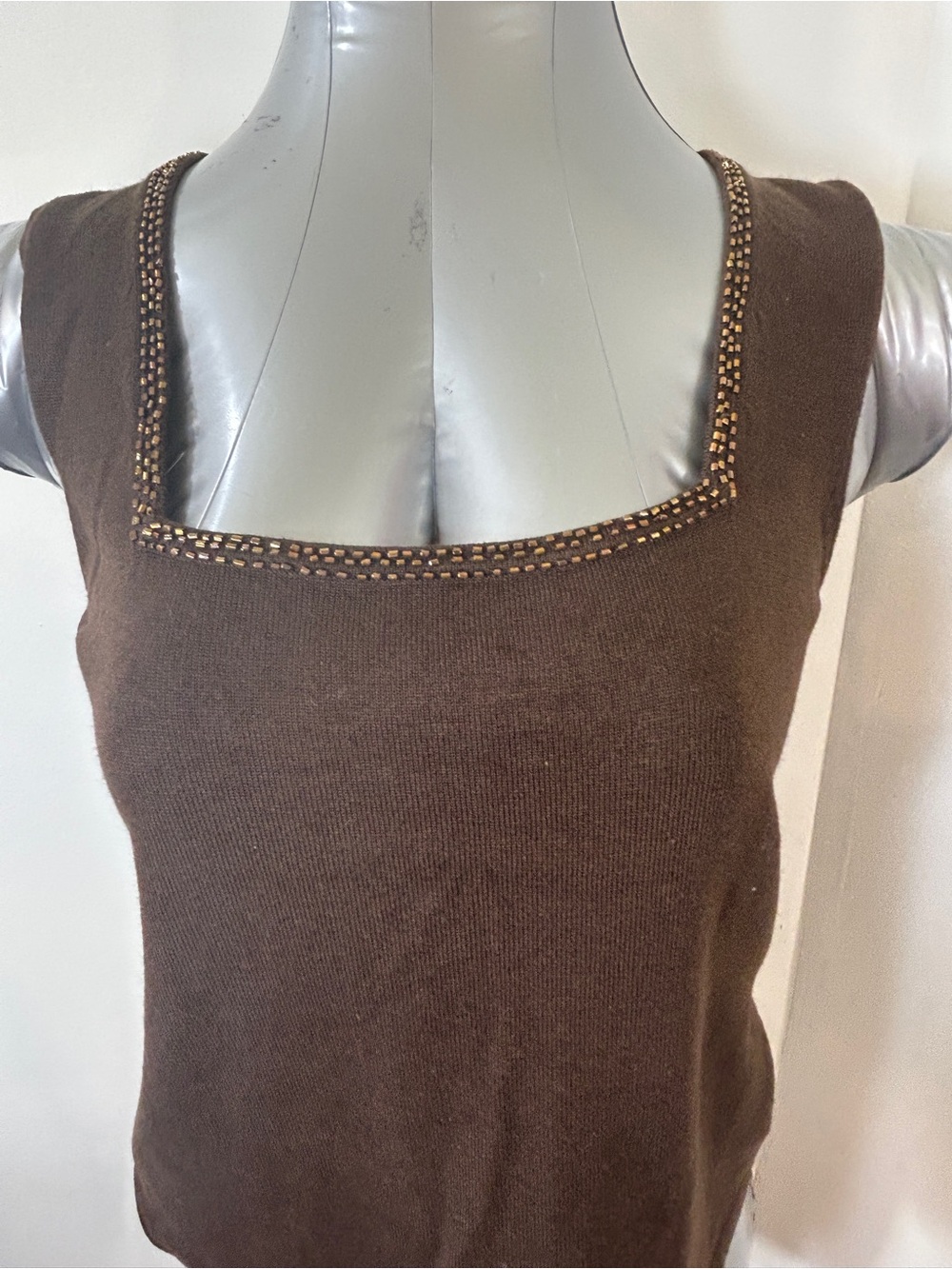 Willi Smith Brown Beaded Square-Neck Tank Top View 2